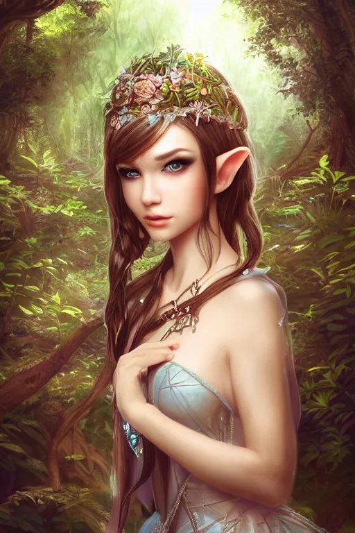 Image similar to beatiful elf princess in an enchanted forest, 3/4 side view, hair jewellery, fully clothed, light mist, light rays sieving through the trees, shallow depth of field, focus on the face, coherent composition, by Yuumei, by Artgerm