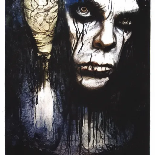 Image similar to gaunt ( the cure fan ) as dream from sandman, dim stars as eyes, portrait of nick cave, by jeremy mann, by cedric peyravernay, by ben templesmith, by dave mckean and richard avedon, dramatic lightning, sadness, dark eye sockets, in the shadows, punk rock, gothic, high detailed, 8 k