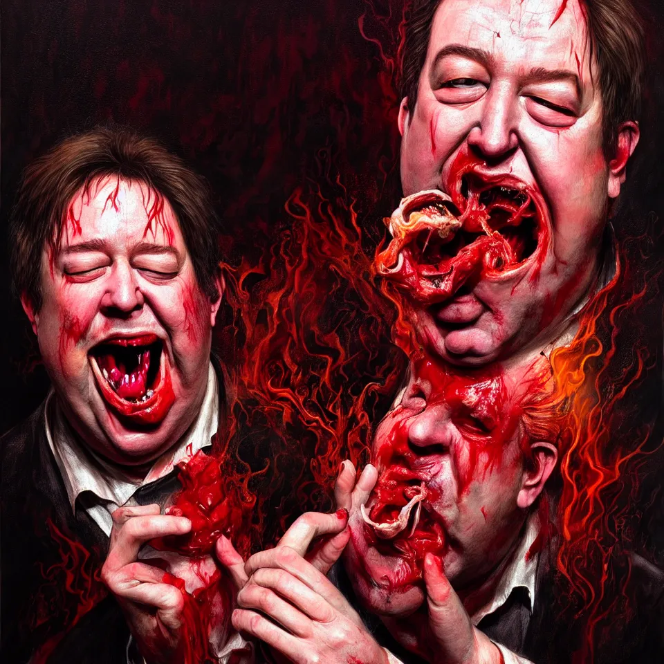 Prompt: weird and disturbing psychedelic bill hicks eating rotten flesh, laughing and puking blood, diffuse lighting, fantasy, intricate, elegant, highly detailed, lifelike, photorealistic, digital painting, artstation, illustration, concept art, smooth, sharp focus, art by francis bacon