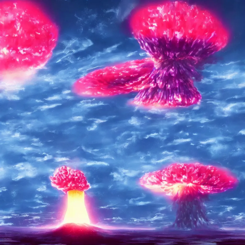 Image similar to a lofi nuclear explosion to study and die to, 4 k, art station, beautiful, blue and pink