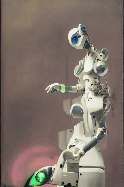 Image similar to a scene with a anime figurine that looks like a white plastic industrial robot with fluo colored details covered in pastel colors, moody light, flemish painting