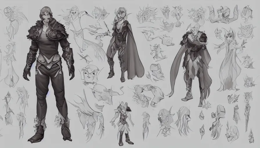 Image similar to a magical character, comic book design, cosplay, RPG, character design, character reference, character sheet, white border, artstation