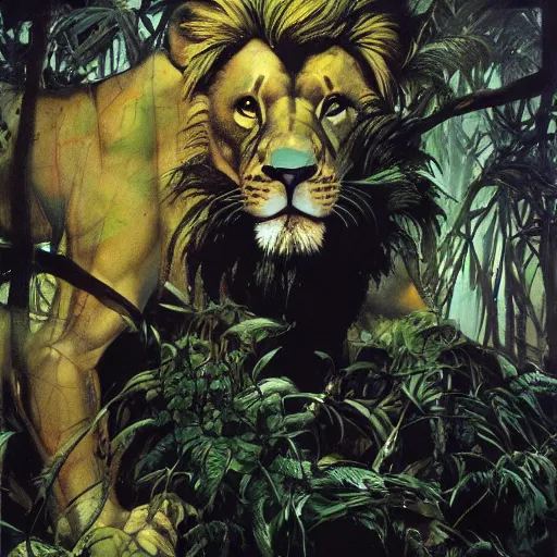 Image similar to lion in the jungle by dave mckean and yoji shinkawa, oil on canvas