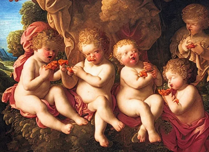 Prompt: cherubs eating cheeto's, extremely detailed, a baroque painting, rococo style
