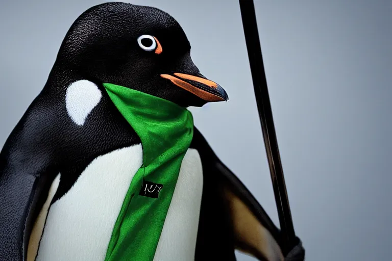 Image similar to vfx movie scene closeup penguin in ancient armor holding a katana in a green arctic. by emmanuel lubezki