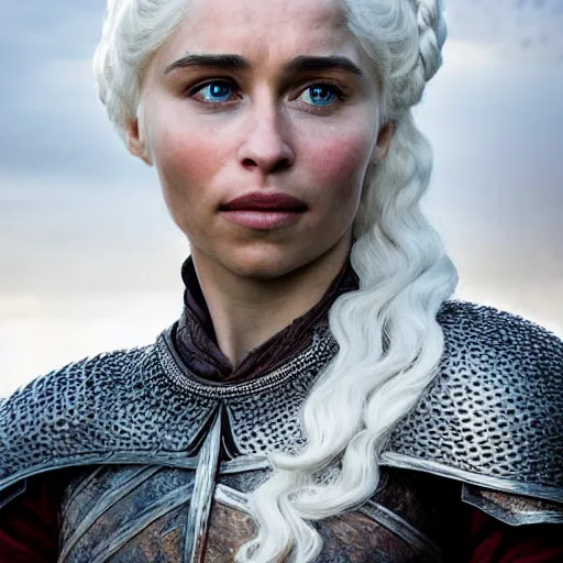 Prompt: head and shoulders portrait of a female knight, danerys targaryen, game of thrones, face detail, extremely detailed, photo