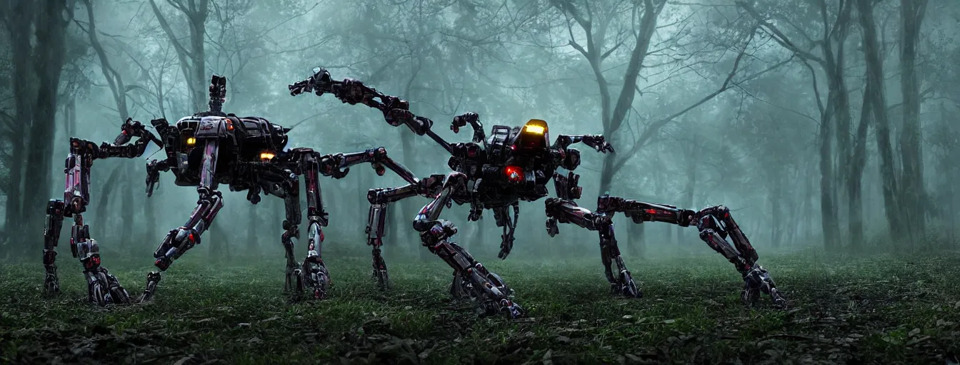Image similar to image of terrific and creepy gigantic 8 - leg spider mech robot with volumetric lights, running and hunting remaining humans, hiding in a heavy rainy post - apocalyptic forest, high detail, dramatic moment, motion blur, ground fog, dark atmosphere, saturated colors, by james paick, render unreal engine - h 7 0 4