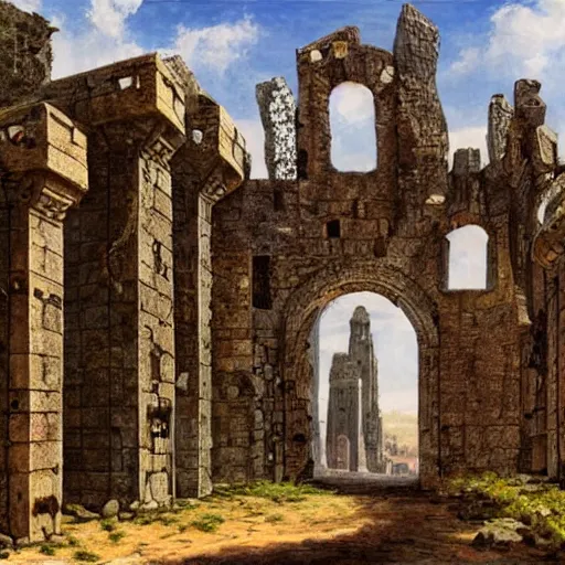 Image similar to Medieval megastructure in ruins, fantasy art