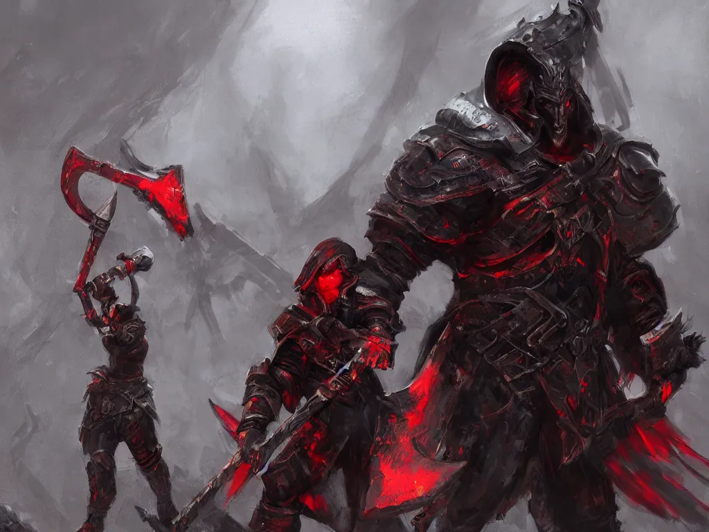 Prompt: Concept art of a Warrior, wearing a mix of red and black leather and plate armor, wielding a giant axe, surrounded by shadowy creatures, epic fantasy, trending in artstation, artstationhq, artstation hd, gelbooru, matte painting, realism