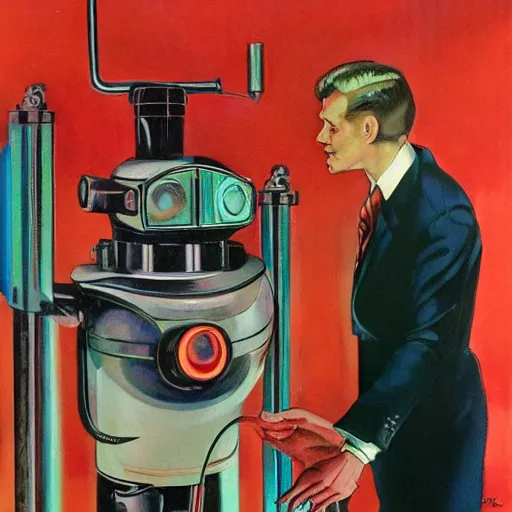 Prompt: man in futurist 6 0 ´ s lab, machines and futurist robots, red lights, part boris vallejo style, part leyendecker black suit