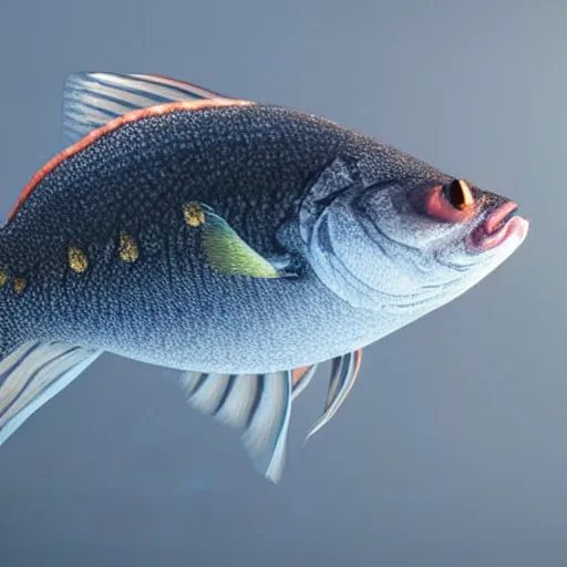 Image similar to still photo of fish, highly detailed, photorealistic portrait, bright studio setting, studio lighting, crisp quality and light reflections, unreal engine 5 quality render