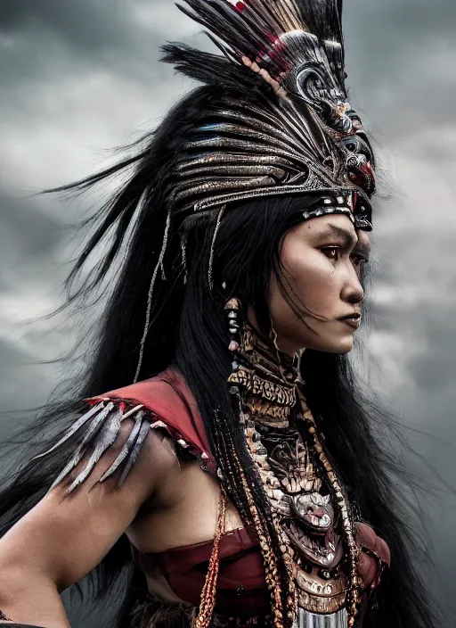 Prompt: hyper detailed image of an Redskin warrior princess wearing a headdress, intricate, elegant, long black hair, hd, 8k, muted colors,