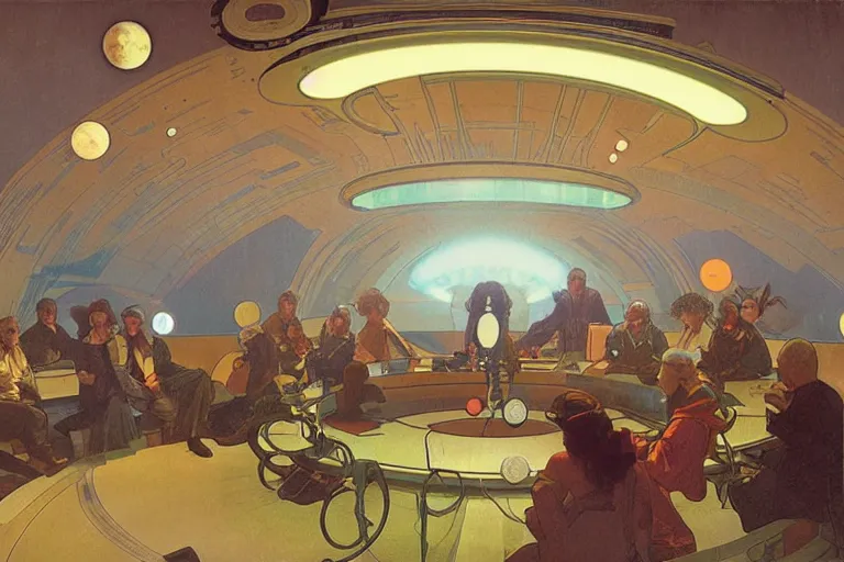 Image similar to circular meeting room with bright holodesk in the center showing levitating planets of a solar system, people discussing, contrasted light, clair obsure by greg rutkowski, alphonse mucha, muted colors