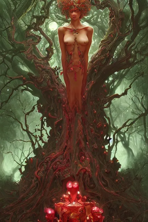 Prompt: two - headed malachite and ruby golem with a long neck in a dark forest, cloudy sky, fantasy, intricate, elegant, highly detailed, traditional painting, acrylic painting, artstation, concept art, matte, sharp focus, illustration, hearthstone, art by artgerm and greg rutkowski and alphonse mucha and alex ross