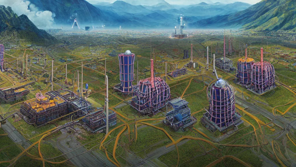 Image similar to Nuclear Breeder Reactors integrated with the town of Quito by Simon Stålenhag and Vincent Callebaut, oil on canvas; Art Direction by Adam Adamowicz; 4K, 8K; Ultra-Realistic Depth Shading