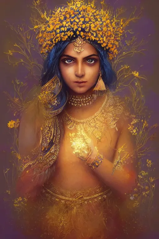 Image similar to a pale Indian girl with golden hair, floral crown, sad blue eyes, cinematic lighting, ultra detailed, highly detailed, sharp focus, golden background with flowers, golden jewellery with blue sapphires, photographic, art by artgerm and greg rutkowski and zdislav beksinski