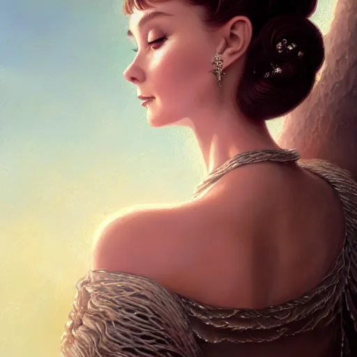 Prompt: audrey hepburn in an epic romance novel, intricate, elegant, highly detailed, digital painting, artstation, matte, illustration, art by artgerm, greg rutkowski, loish, rhads, ferdinand knab, makoto shinkai, lois van baarle, ilya kuvshinov, rossdraws, tom bagshaw