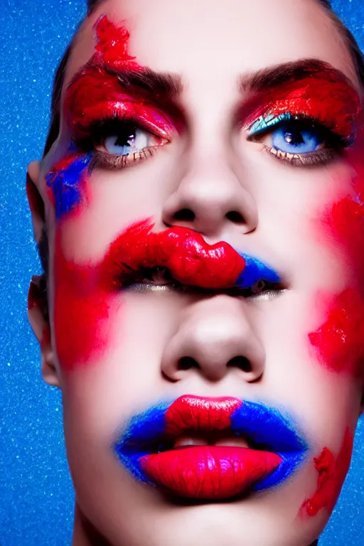 Image similar to glitched mix of endless female face and red paint in style of neo dada, blue background, hard paint, close-up