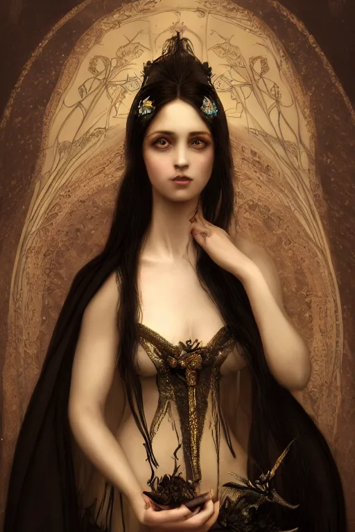 Image similar to a portrait of elegant beautiful dark nymph, queen of the dark fairies, bored, illustration, dramatic lighting, soft details, painting oil on canvas, art nouveau, octane render, HDR, 4k, 8k, HD, by Edmund Blair Leighton, Brom, Charlie Bowater, trending on artstation, faces by Otto Schmit