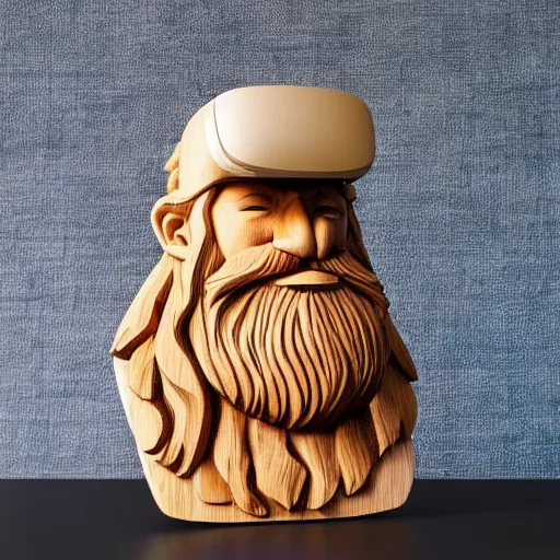 Image similar to wooden sculpture of a bearded viking wearing a vr headset, polished maple, thoughtful, elegant, real