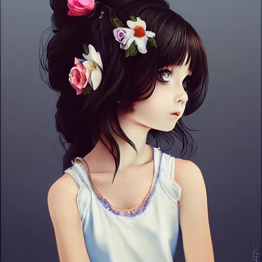 Prompt: little girl with flowers in hair wearing an white dress, art by ilya kuvshinov, profile picture, inspired in hirohiko araki, realistic, highly detailed, 8 0 s anime art style