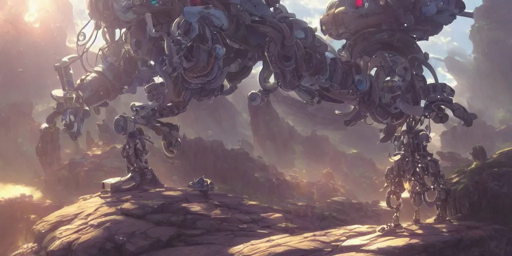 Image similar to humanoid robot mech from made in abyss by akihito tsukushi, backlight, centered rim lighting, deep focus, d & d, fantasy, intricate, elegant, highly detailed, digital painting, artstation, concept art, matte, sharp focus, illustration, hearthstone, art by artgerm and greg rutkowski and alphonse mucha