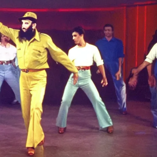 Image similar to A still of Fidel Castro wearing a disco suit in Saturday Night Fever