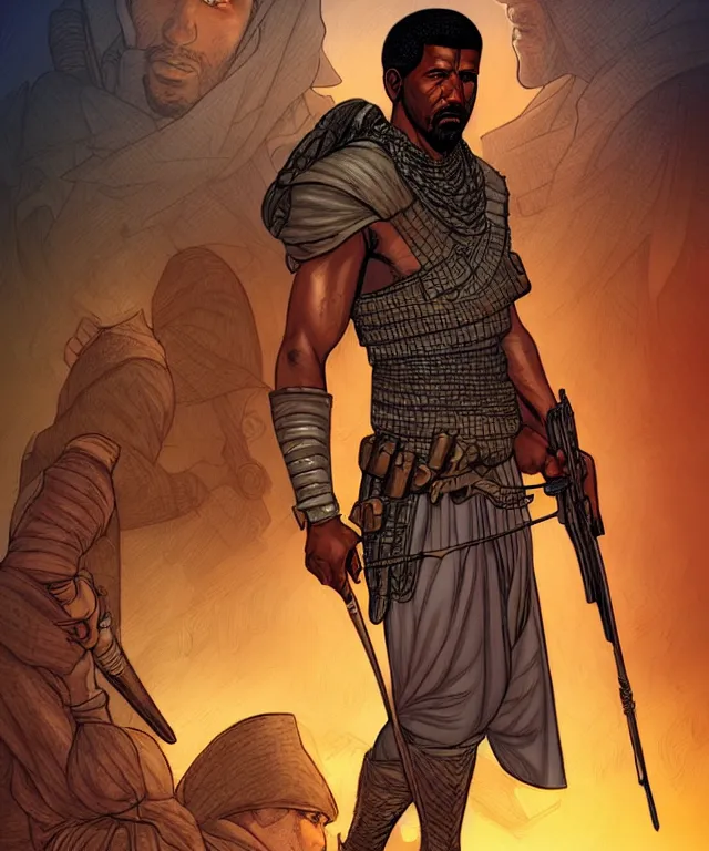 Prompt: a ( fantasy comic ) ( cover art ) portrait of a bedouin soldier who looks like ( denzel washington ), digital illustration by jenny frison and sana takeda and kentaro miura, fine inking lines, vivid colors, dnd, highly detailed!, hd, 4 k, trending on artstation