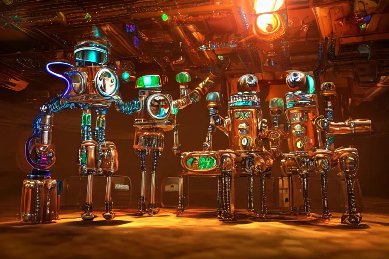 Image similar to 3 steampunk robot dancing inside a luxury futuristic nightliner, a table with many bottles of beer and wiskey, exaggerated detailed, unreal engine, subtle multicolored light, 3 5 mm lens