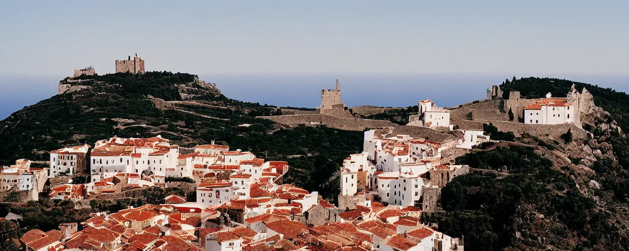 Prompt: 35mm photo of the Spanish castle of Salobrena on the top of a large rocky hill overlooking a white Mediterranean town, white buildings with red roofs, ocean and sky by Gregory Crewdson