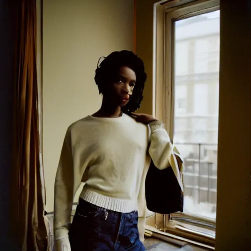 Image similar to realistic! photoshoot for a new vetements lookbook, color film photography, portrait of a beautiful woman, location in a apartment, in style of tyler mitchell, 35mm