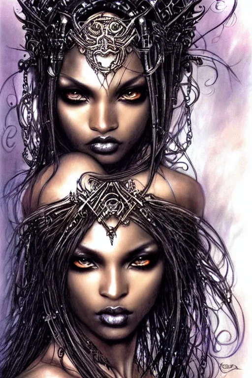 Prompt: a beautiful black goddess, fantasy, portrait, sharp focus, intricate, elegant, illustration, ambient lighting, art by Luis Royo