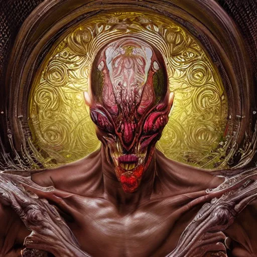 Prompt: whirling ornate intricate portrait of a male bloodied filigreed alien, muscles, rippling, warping, ultra realistic, concept art, intricate details, eerie, highly detailed, photorealistic, octane render, 8 k, unreal engine. art by artgerm and greg rutkowski and alphonse mucha