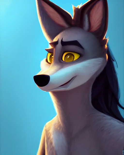 Image similar to oil painting of anthromorphic female wolf, in style of cory loftis, fursona, furry, furaffinity, 4 k, deviantart, furry art, fursona art, wearing black business suit, business suit, in style of zootopia, wolf fursona, cyberpunk, female, very very very expressive detailed feminine face,