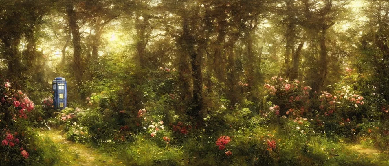 Prompt: A beautiful painting of TARDIS in the forest with flowers and trees and ferns, soft sun light by Herbert Arnould Olivier, Trending on artstation