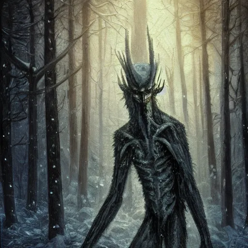 Image similar to cloaked humanoid wendigo feasting, nighttime located in a snowy dark forest, lurking horror, distant - mid shot, dungeons and dragons, magic the gathering, forboding, high detail, oil painting, style of seb mckinnon