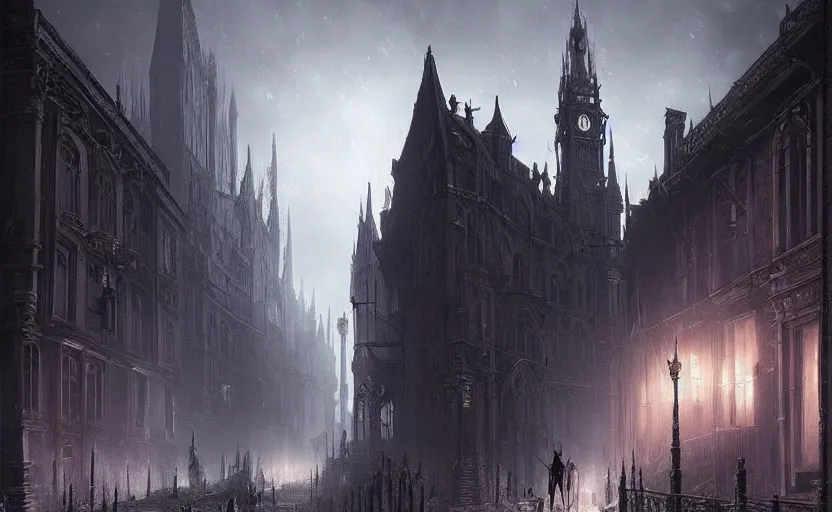 Image similar to Victorian city streets night, bloodborne, Raphael Lacoste