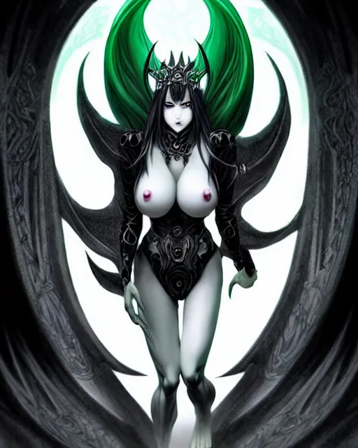 Image similar to beautiful demon queen woman only, evil grin, manga style only, black white and green colors only, symmetrical face and full body, demonic, cinematic, powerful, super detailed and intricate, hyper realistic, 4 k render, by artgerm, by kyoung hwan kim, by ralph mcquarrie, by yoshiyuki tomino