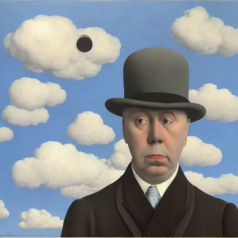 Image similar to portrait of a spooky ghost, clouds in the background, by rene magritte, detailed painting, distance, middle centered, hd, hq, high resolution, high detail, 4 k, 8 k