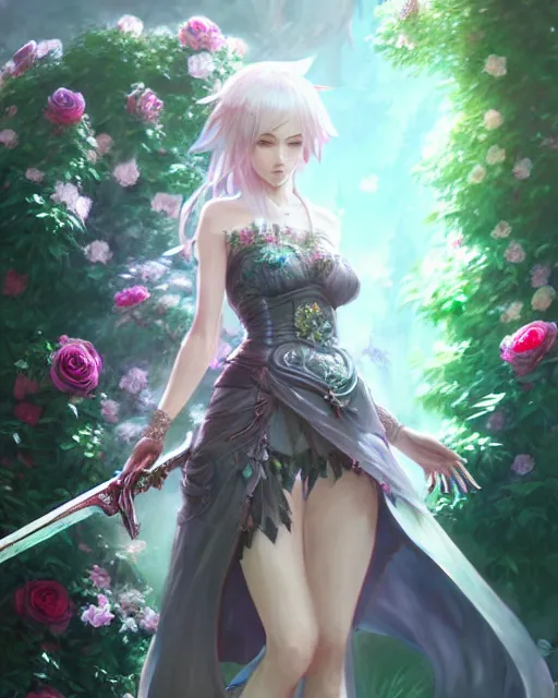 Image similar to an elegant lady surrounded by holographic swords in a garden full of roses, final fantasy, cushart krenz, cushart krenz, goddess, unreal engine, very detailed, realistic face, detailed face, matte, tonemapping, perfection, 4 k