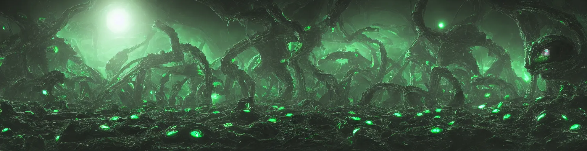 Prompt: alien hive, eerie green glowing eyes, ultra detailed concept art, 8k