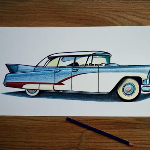 Prompt: a color pencil product design drawing of a 5 0 s flying cadillac car model with wings