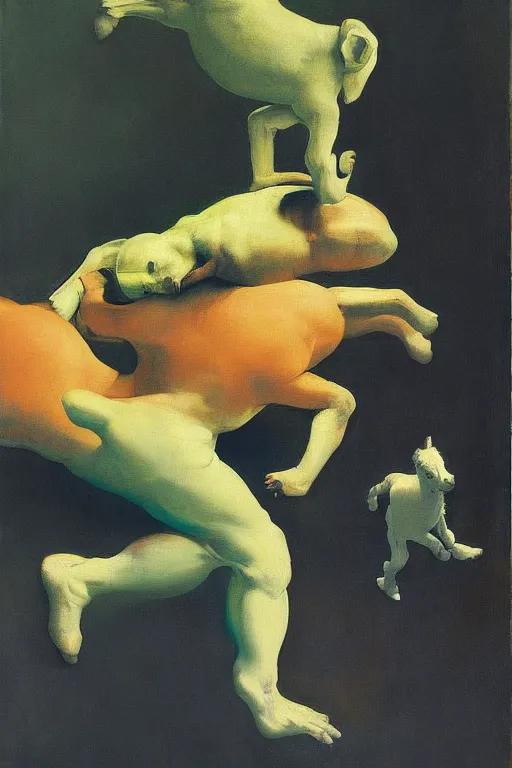 Prompt: astronaut on all fours on his back carries his son a foal, hauntingly surreal, highly detailed painting by francis bacon, edward hopper, adrian ghenie, gerhard richter, and james jean soft light 4 k,