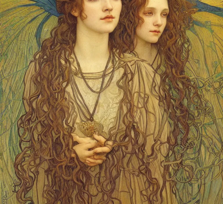 Image similar to detailed realistic beautiful young medieval queen face portrait by jean delville, alphonse mucha, vincent van gogh, and marco mazzoni, art nouveau, symbolist, visionary, gothic, pre - raphaelite