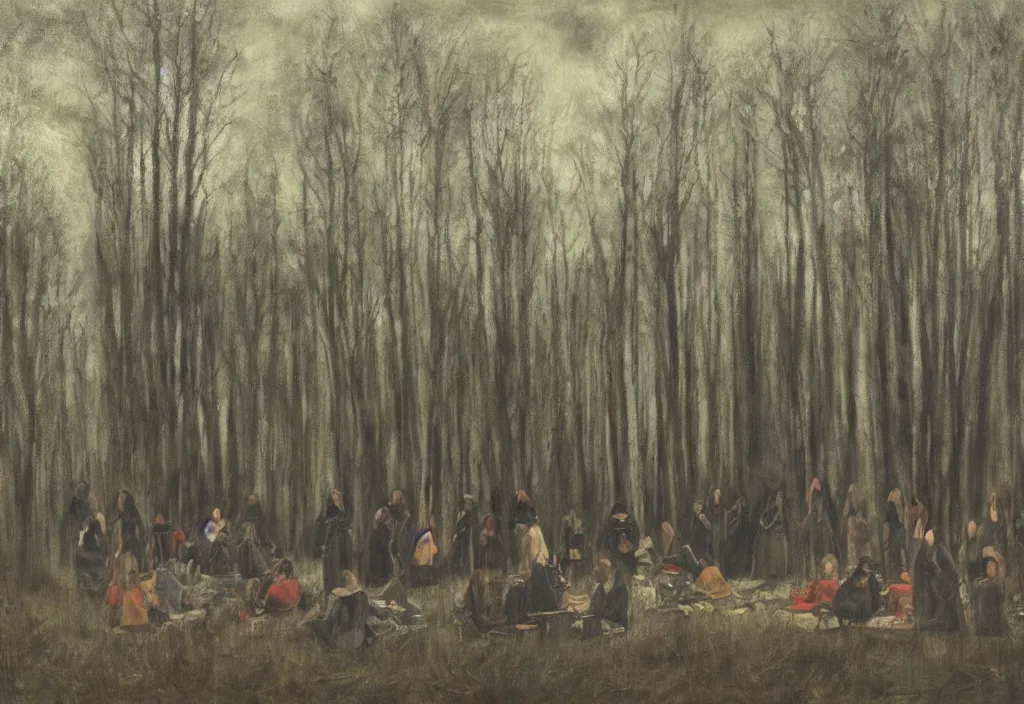 Prompt: a tribe of women gathered in a forest, north, mysterious, dark, oil painting, ominous, by hjalmar munsterhjelm, by fanny churberg