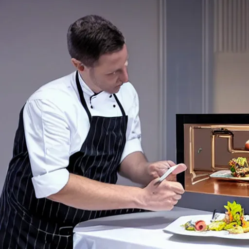 Image similar to machine that 3d prints fancy meals at restaurant table