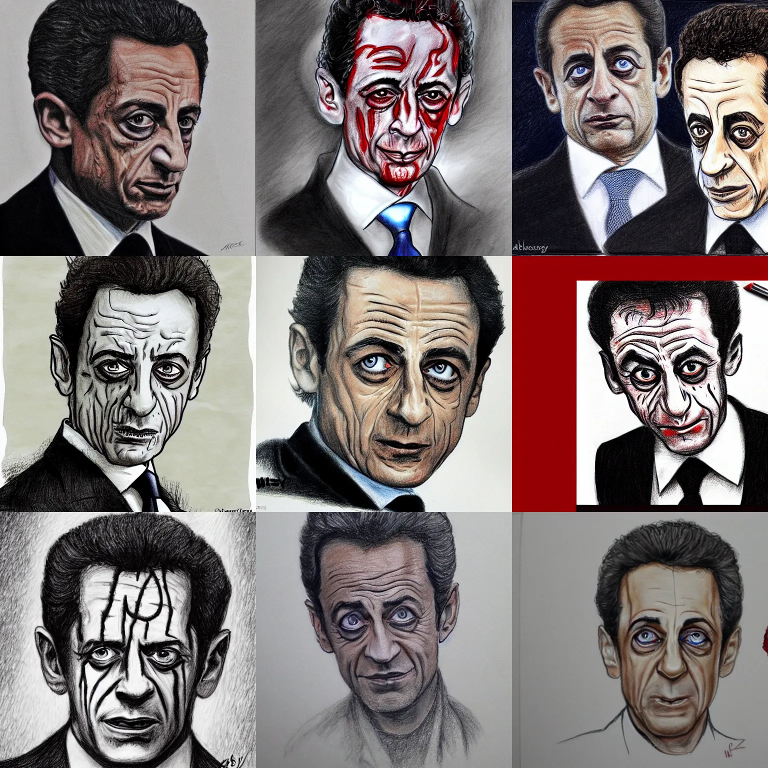 Prompt: nicolas sarkozy horror drawing, blood flowing from his eyes, ghost, spooky, sarkozy