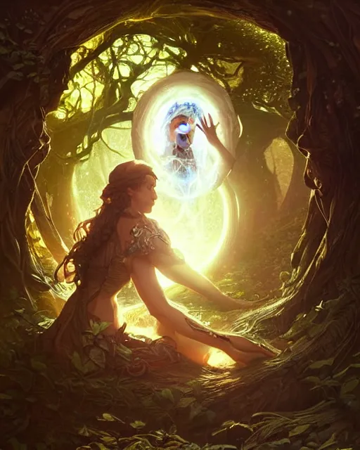 Image similar to A time portal inside a tree, deep focus, D&D, fantasy, intricate, elegant, highly detailed, digital painting, artstation, concept art, matte, sharp focus, illustration, hearthstone, art by Artgerm and Greg Rutkowski and Alphonse Mucha