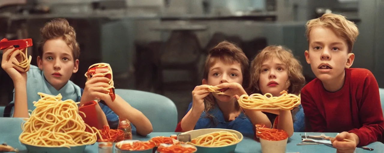 Prompt: a boy and girl at the movies snacking on a spaghetti container, kodachrome, in the style of wes anderson, retro