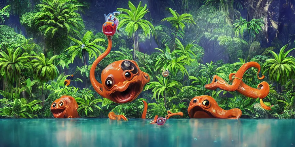 Image similar to of a tropical rainforest lake with strange cute friendly happy creatures with huge eyes, mouth, long tongue, round teeth and goofy face, appearing from the water, in the style of gehry and gaudi, macro lens, shallow depth of field, ultra detailed, digital painting, trending artstation, concept art, illustration, cinematic lighting, photorealism, epic, octane render